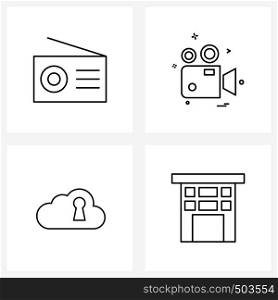 Set of 4 Simple Line Icons of radio, padlock, media, movie, home Vector Illustration