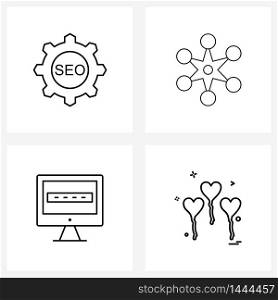 Set of 4 Simple Line Icons of seo setting, pc lock, institution, state, heart Vector Illustration