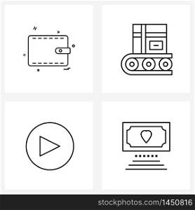 Set of 4 Simple Line Icons of wallet, music, belt, industry, video Vector Illustration