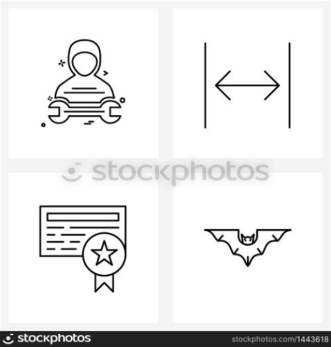 Set of 4 Simple Line Icons of wrench, certificate, hardware, size, bat Vector Illustration