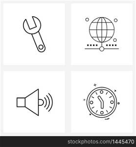 Set of 4 Simple Line Icons of wrench, sound, engine, city, watch Vector Illustration