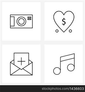 Set of 4 UI Icons and symbols for camera; mail; photography; donation; music Vector Illustration