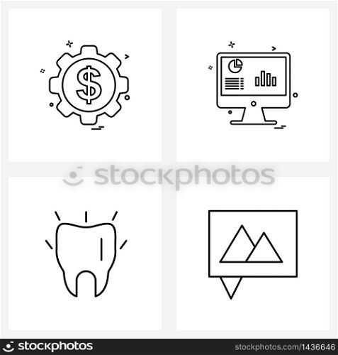 Set of 4 UI Icons and symbols for dollar; dental; setting; computer; gum Vector Illustration