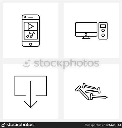 Set of 4 UI Icons and symbols for mobile, download, music, monitor, tools Vector Illustration
