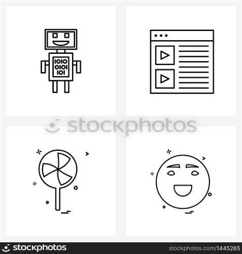 Set of 4 UI Icons and symbols for robot, celebrations, list, video, emoji Vector Illustration