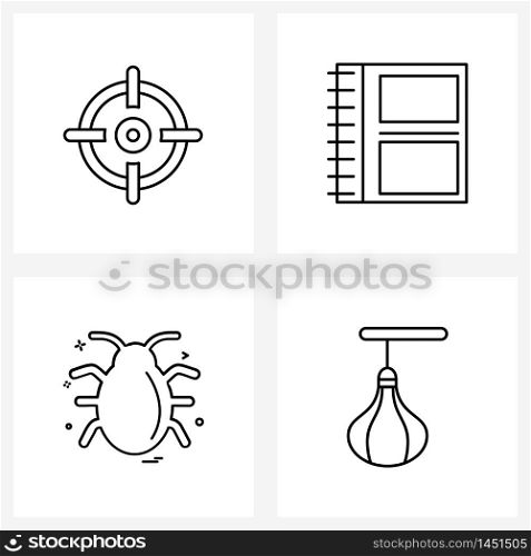 Set of 4 Universal Line Icons of aim, tech, book, bug, bag Vector Illustration