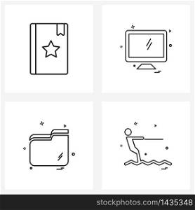 Set of 4 Universal Line Icons of book; directory; monitor; file; games Vector Illustration