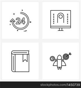 Set of 4 Universal Line Icons of , book, time, gesture, library Vector Illustration