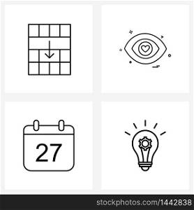 Set of 4 Universal Line Icons of cells, date, heart, valentine&rsquo;s day, schedule Vector Illustration