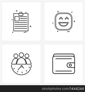 Set of 4 Universal Line Icons of clipboard, happy, text, emotions, clock Vector Illustration