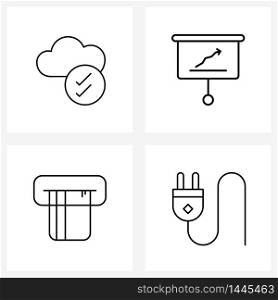 Set of 4 Universal Line Icons of cloud, card, check, presentation, bank Vector Illustration