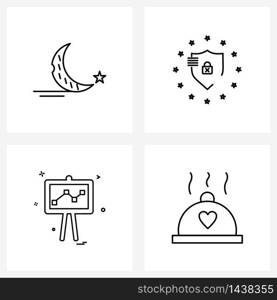 Set of 4 Universal Line Icons of crescent, graph, gdpr shield, board, food Vector Illustration