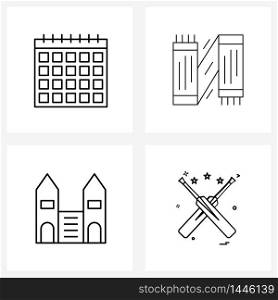 Set of 4 Universal Line Icons of date, cricket, fashion, apartment, game Vector Illustration