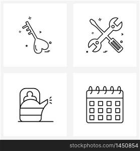 Set of 4 Universal Line Icons of heart, cattle, key, tools, drink Vector Illustration