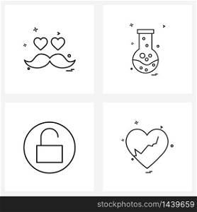 Set of 4 Universal Line Icons of heart, lock, valentine&rsquo;s day, lab, unlocked Vector Illustration