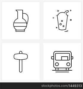 Set of 4 Universal Line Icons of kettle, hammer, food, drink , bus Vector Illustration