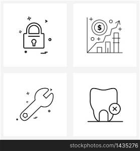 Set of 4 Universal Line Icons of lock, repair, protection, investment, settings Vector Illustration