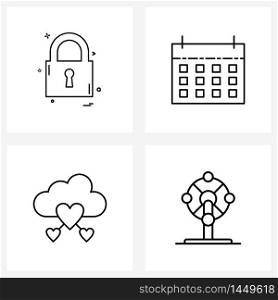Set of 4 Universal Line Icons of lock, weather, locked, event, love Vector Illustration