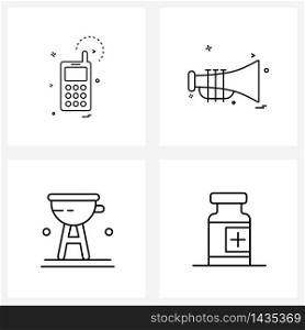 Set of 4 Universal Line Icons of mobile, barbeque, phone, audio, grill Vector Illustration