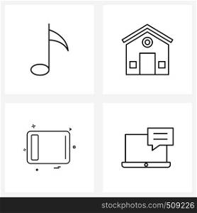 Set of 4 Universal Line Icons of music, charging, sound, hut, laptop Vector Illustration