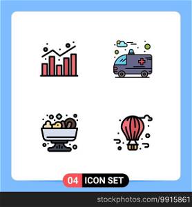 Set of 4 Vector Filledline Flat Colors on Grid for analytics, food, shopping, car, air balloon Editable Vector Design Elements