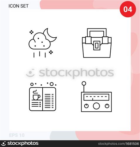 Set of 4 Vector Filledline Flat Colors on Grid for cloud, book, weather, construction, coffee Editable Vector Design Elements