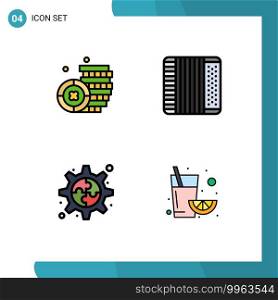 Set of 4 Vector Filledline Flat Colors on Grid for coin, gear, accordion, music, juice Editable Vector Design Elements
