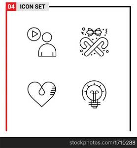 Set of 4 Vector Filledline Flat Colors on Grid for user, heart, watch, candy, like Editable Vector Design Elements