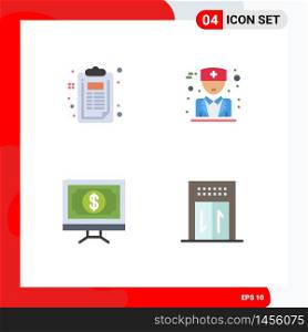 Set of 4 Vector Flat Icons on Grid for checklist, finance, document, physician, pay Editable Vector Design Elements