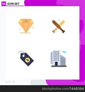 Set of 4 Vector Flat Icons on Grid for diamond, price, ball, bats, building Editable Vector Design Elements