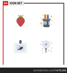 Set of 4 Vector Flat Icons on Grid for strawberry, diagnostics, berry, pencil box, ultrasound Editable Vector Design Elements