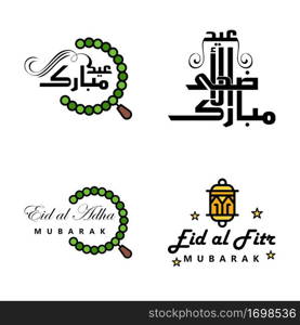 Set of 4 Vector Illustration of Eid Al Fitr Muslim Traditional Holiday. Eid Mubarak. Typographical Design. Usable As Background or Greeting Cards.