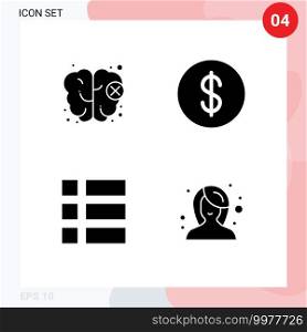 Set of 4 Vector Solid Glyphs on Grid for brain, layout, dollar, collage, female Editable Vector Design Elements