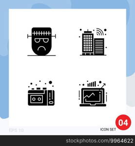 Set of 4 Vector Solid Glyphs on Grid for cartoon, vhs, frankenstein, infrastructure, business Editable Vector Design Elements