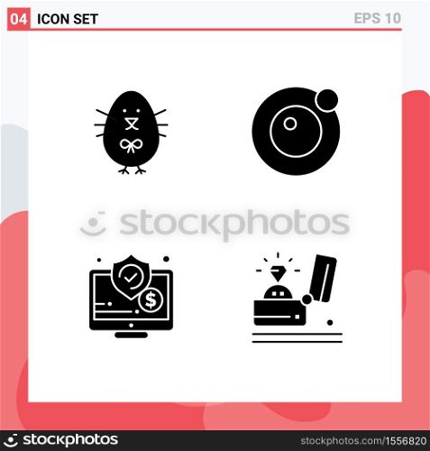 Set of 4 Vector Solid Glyphs on Grid for chicken, online, happy, satellite, security Editable Vector Design Elements