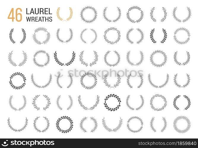 Set of 46 hand drawn laurel wreaths on white background, vector eps10 illustration. Hand Drawn Laurel Wreaths