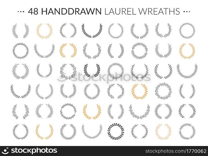 Set of 48 hand drawn laurel wreaths on white background, vector eps10 illustration. Hand Drawn Laurel Wreaths