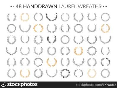 Set of 48 hand drawn laurel wreaths on white background, vector eps10 illustration. Hand Drawn Laurel Wreaths