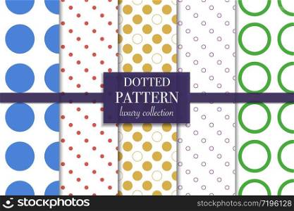 Set of 5 abstract background texture. Dotted, line pattern. Polka dot style vector illustration for wallpaper, flyer, cover, design. Repeating circle geometric ornament, decorative element