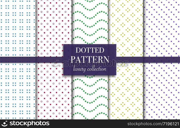 Set of 5 abstract background texture. Dotted pattern. Polka dot style vector illustration for wallpaper, flyer, cover, design. Repeating circle geometric ornament, decorative element