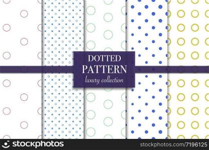 Set of 5 abstract background texture. Dotted pattern. Polka dot style vector illustration for wallpaper, flyer, cover, design. Repeating circle geometric ornament, decorative element