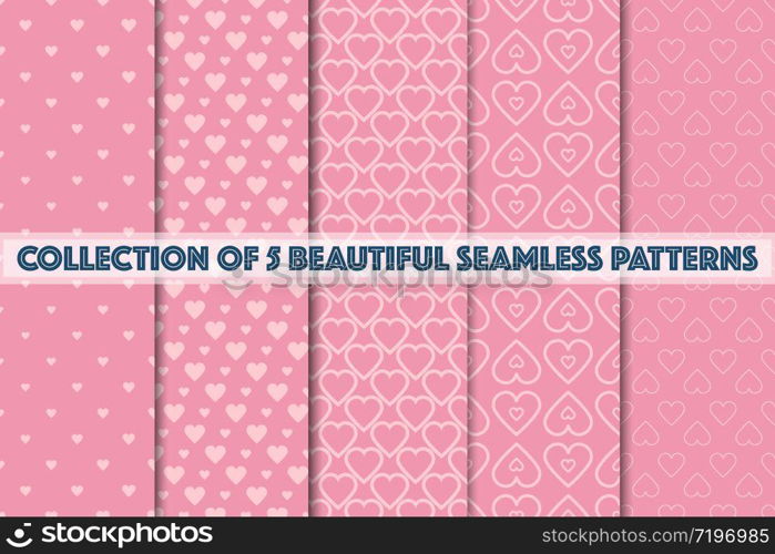 Set of 5 beautiful pink texture seamless pattern background. Abstract dots and hearts style vector illustration for wallpaper, flyer, cover, banner, design template minimalistic ornament, backdrop