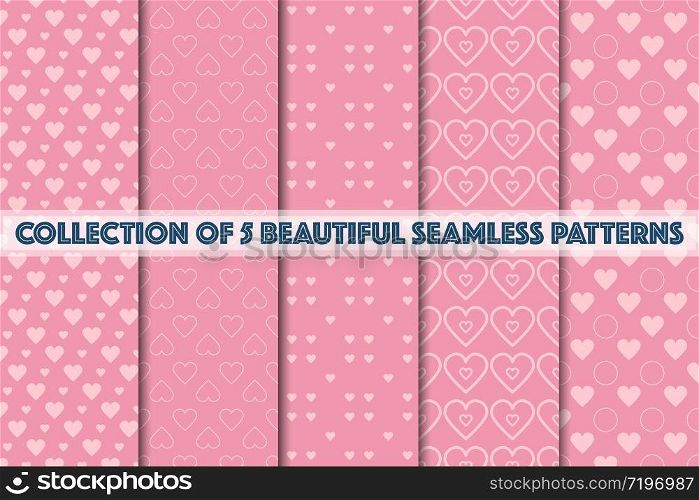 Set of 5 beautiful pink texture seamless pattern background. Abstract dots and hearts style vector illustration for wallpaper, flyer, cover, banner, design template minimalistic ornament, backdrop