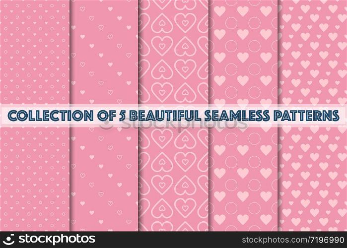 Set of 5 beautiful pink texture seamless pattern background. Abstract dots and hearts style vector illustration for wallpaper, flyer, cover, banner, design template minimalistic ornament, backdrop