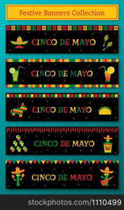 Set of 5 celebration cinco de mayo web banner. Horizontal vector illustration with pinata and taco, sombrero and maracas, tequila bottle, cocktails and mariachi band for party on cinco de mayo. Set of 5 celebration cinco de mayo web banner