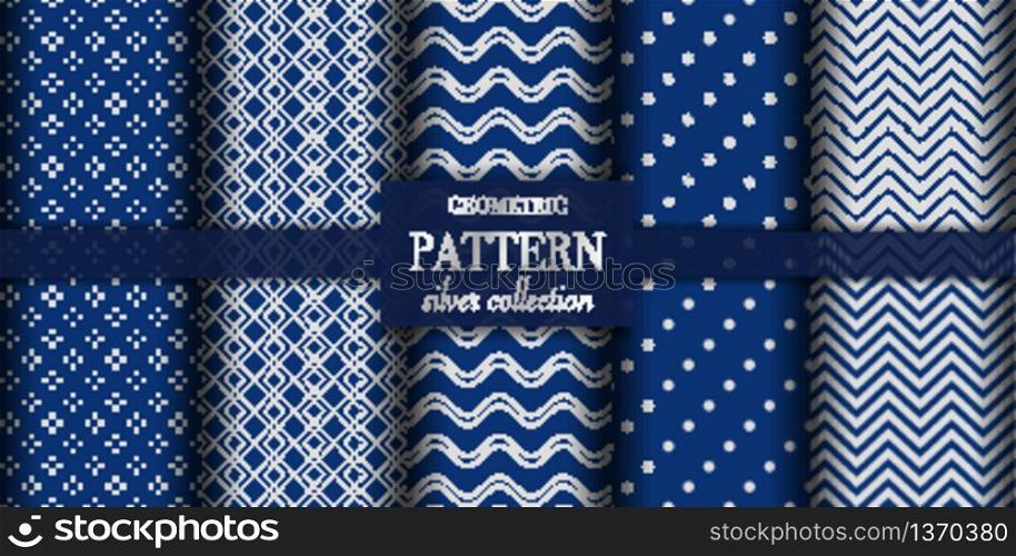 Set of 5 dark blue and silver luxury geometric pattern background. Abstract line, dot retro style vector illustration for wallpaper, flyer, cover, design template. minimalistic ornament, backdrop.