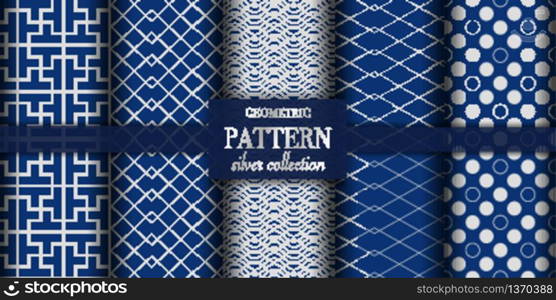 Set of 5 dark blue and silver luxury geometric pattern background. Abstract line, dot retro style vector illustration for wallpaper, flyer, cover, design template. minimalistic ornament, backdrop.