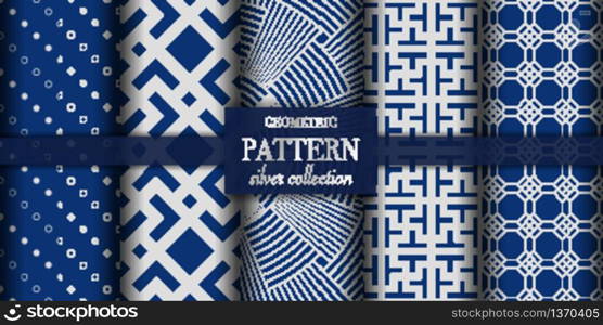 Set of 5 dark blue and silver luxury geometric pattern background. Abstract line, dot retro style vector illustration for wallpaper, flyer, cover, design template. minimalistic ornament, backdrop.