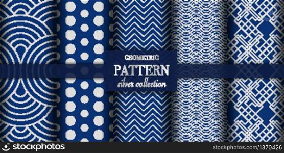 Set of 5 dark blue and silver luxury geometric pattern background. Abstract line, dot retro style vector illustration for wallpaper, flyer, cover, design template. minimalistic ornament, backdrop.