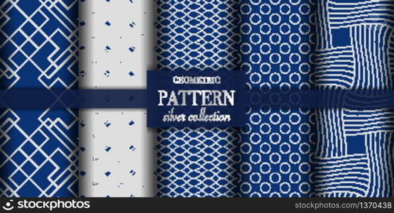 Set of 5 dark blue and silver luxury geometric pattern background. Abstract line, dot retro style vector illustration for wallpaper, flyer, cover, design template. minimalistic ornament, backdrop.